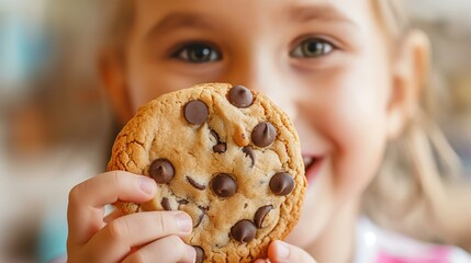 Young child grasping a chocolate chip cookie in hand