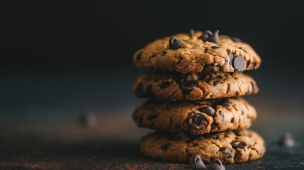 A stack of homemade chocolate chip cookies on a wooden table