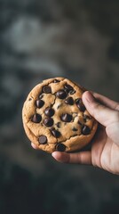 A persons hand holding a chocolate chip cookie