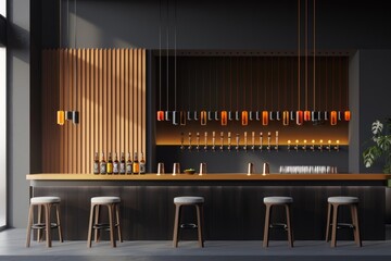 Image of a bar with numerous stools, suitable for various commercial uses
