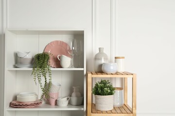 Different clean dishware and houseplants on shelves in cabinet indoors. Space for text