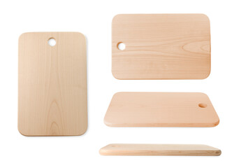 Wooden cutting board isolated on white, views from different angles