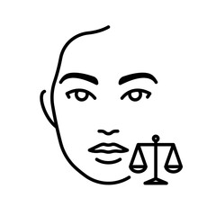 Normal skin, line icon. Female face and scale, balance symbol. Linear illustration, editable stroke. For cosmetics, skin care product, packaging, dermatology.