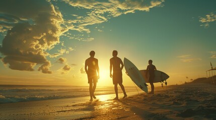 Group of people walking with surfboards on a beach, perfect for summer vacation concepts - Powered by Adobe