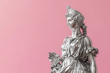 Statue of a Greek goddess in silver color on a pink background. Statue of a goddess. Silver statue. Greek mythology.
