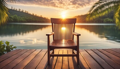 wooden chair facing a tropical sunset with reflective sea serene holiday and nature concept design for travel poster wallpaper banner vibrant digital illustration with a relaxing atmosphere - Powered by Adobe