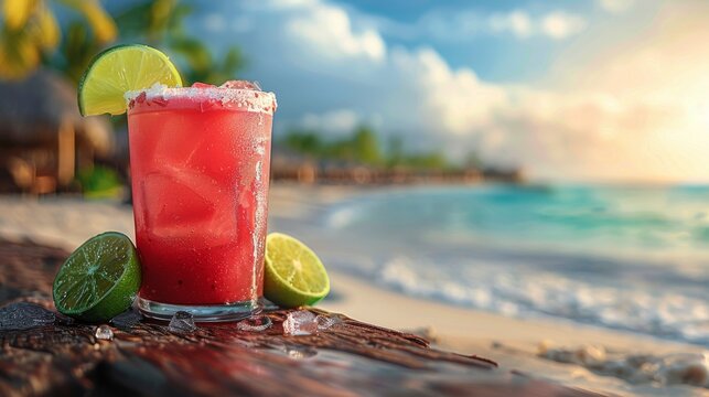 Red Drink With Limes and Slice of Lime