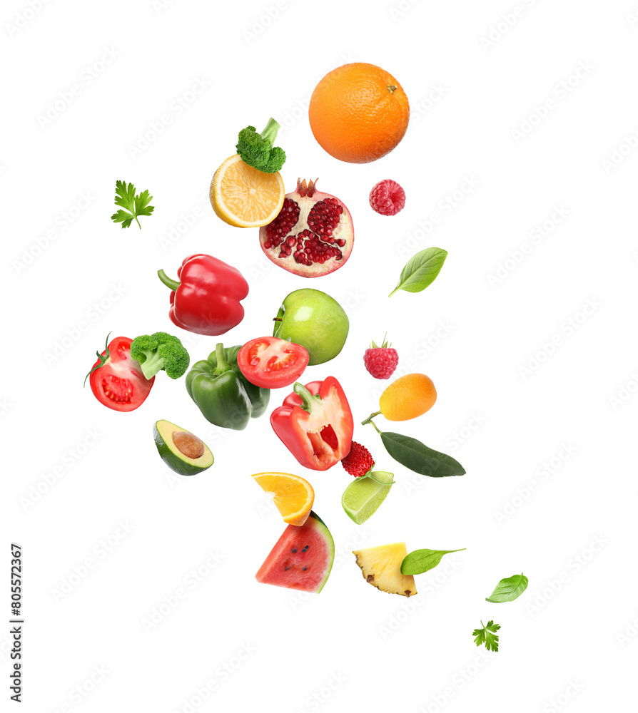 Wall mural Different fresh fruits and vegetables in air on white background