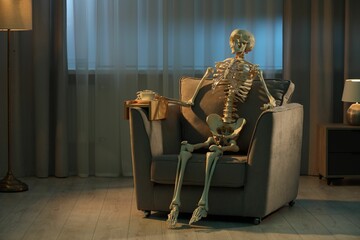 Waiting concept. Human skeleton sitting in armchair indoors