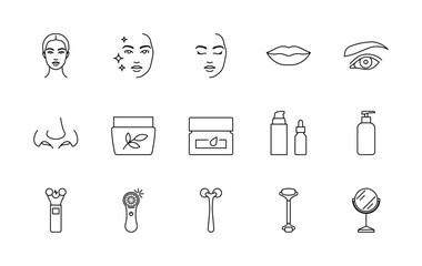 Cosmetology, icon set. Skin care related icons. Skin types skin, facial device, cosmetic products, microcurrent, massage rollers. Female face, cream, gel, serum. Minimalist icons, editable strokes