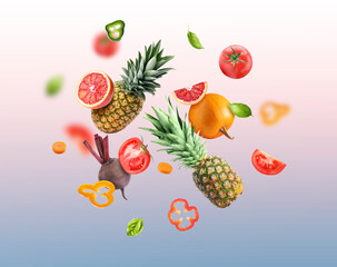 Different fresh fruits and vegetables in air on color gradient background