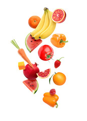 Different fresh fruits and vegetables in air on white background