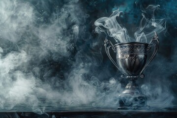 A silver trophy emitting smoke. Suitable for sports achievements or success concepts