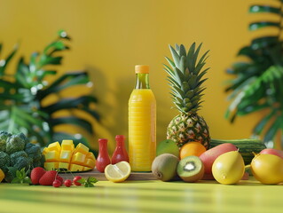 Set of exotic fruits on a yellow background. Exotic fruits, mango, kiwi, pineapple, banana on a yellow background.