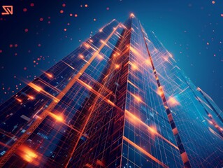 Neural lowpoly AI futuristic neon network of a skyscraper