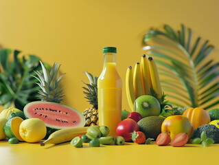 Set of exotic fruits on a yellow background. Exotic fruits, mango, kiwi, pineapple, banana on a yellow background.