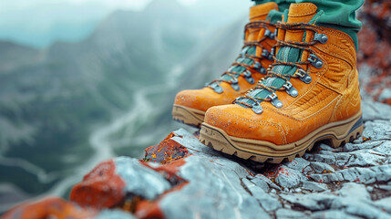 Close-up of hiking boots on rocky mountain.