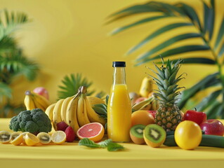 Set of exotic fruits on a yellow background. Exotic fruits, mango, kiwi, pineapple, banana on a yellow background.