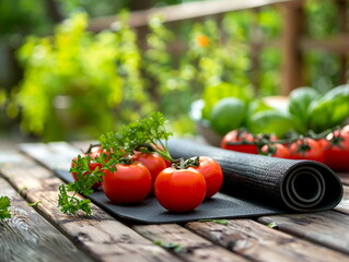 Cherry tomatoes with herbs on a wooden table