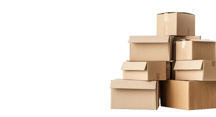 stack of cardboard boxes on transparent background, banner with copy space area for text or message, moving delivery service and storage concept