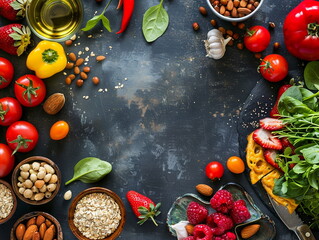 Organic food on black stone background. Vegetables and fruits. View from above. Free space for copying.