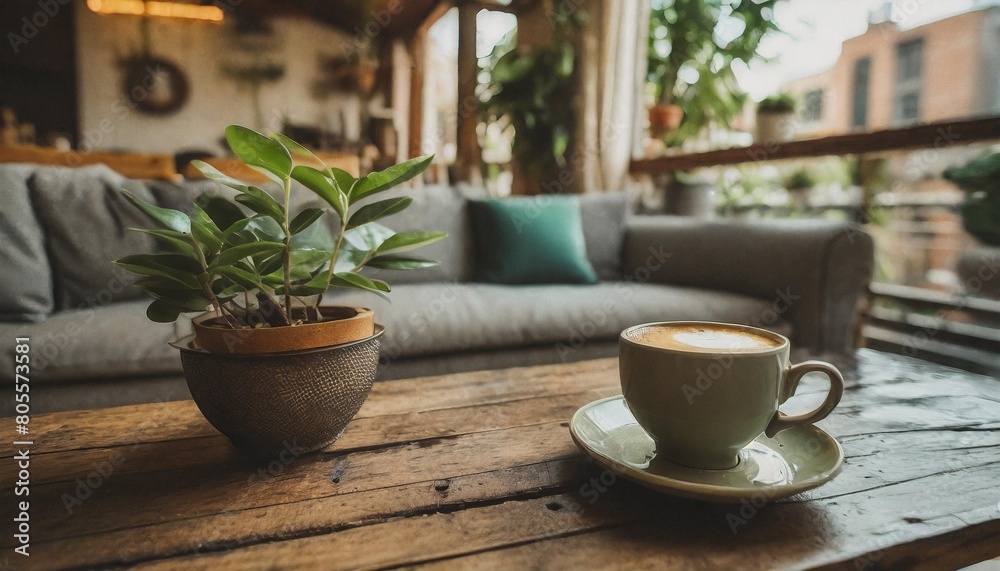 Poster a cup of coffee sitting on top of a wooden table next to a couch and a potted plant on top of a wood