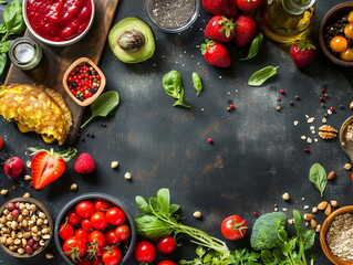 Organic food on black stone background. Vegetables and fruits. View from above. Free space for copying.