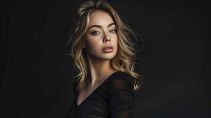 Naklejka premium Blonde Woman in a Black Sweater Posing Against a Dark Background
