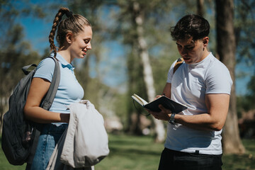 Two college friends review notes at a city park with a sunny backdrop, engaging in academic...