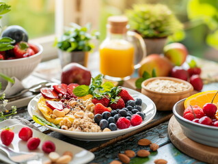Healthy breakfast with fruits and berries, muesli, raspberries, blueberries. Vegetarian food, diet concept, weight loss, healthy lifestyle and nutrition