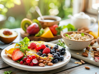 Healthy breakfast with fruits and berries, muesli, raspberries, blueberries. Vegetarian food, diet concept, weight loss, healthy lifestyle and nutrition