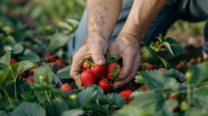 Farmer's hand picking strawberries from the vine. 