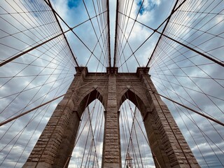 Brooklyn Bridge is a hybrid cable-stayed/suspension bridge in New York City, spanning the East River between the boroughs of Manhattan and Brooklyn.