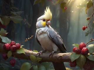 close up portrait of a cockatiel ,sitting on a branch in a beautiful forest landscape,
