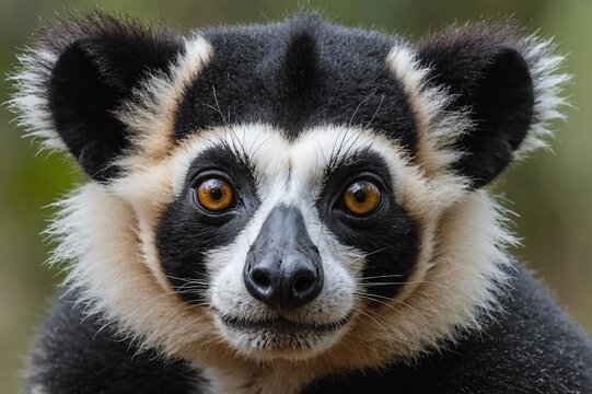 top close and full framed view of Ruffed Lemur head , detailed and sharp textures, large depth of field
