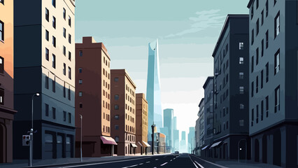 Illustration of a cityscape near sunset.