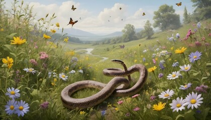 A Snake In A Meadow Among Wildflowers And Flutter