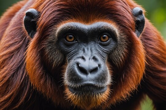 top close and full framed view of Red Howler Monkey head , detailed and sharp textures, large depth of field
