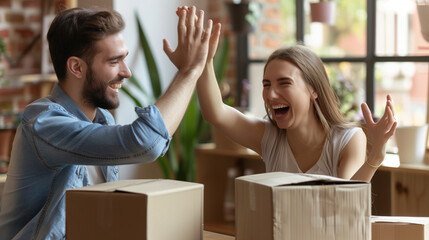 Cheerful excited young couple planning renovation after moving into new apartment, choosing...