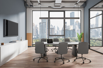 Modern conference room interior with a large table, chairs, and a city view through floor-to-ceiling windows, 3D Rendering.