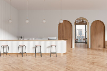 Modern cafe interior with wooden details, bar counter, and stools, herringbone parquet flooring on...