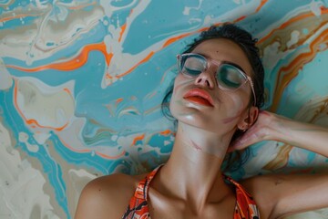 A woman wearing sunglasses laying on a marble surface. Suitable for fashion and luxury concepts
