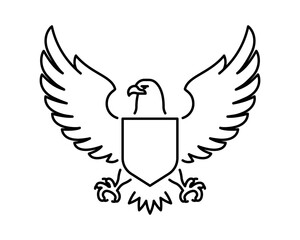 Eagle, line icon. Eagle bird and empty shield. Open wings. Minimalist linear illustration, editable strokes, outline, pictogram