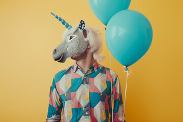 A person with a unicorn mask head holding party balloons. Surreal party background