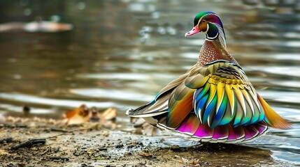 A duck with a rainbow skirt