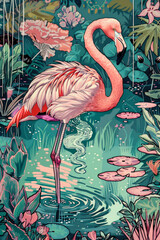 A modern bright background with pink flamingos and tropical leaves. pattern, print	
