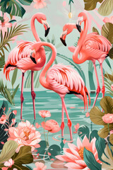 A modern bright background with pink flamingos and tropical leaves. pattern, print	
