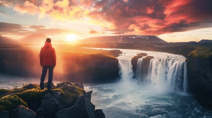 Majestic landscape of Godafoss waterfall flowing with colorful sunset sky and male tourist standing at the cliff on Skjalfandafljot river in summer at Northern Iceland