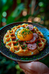Eggs with bacon and Viennese waffle. A delicious restaurant dish