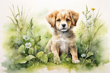 A painting of a puppy in the grass with flowers.